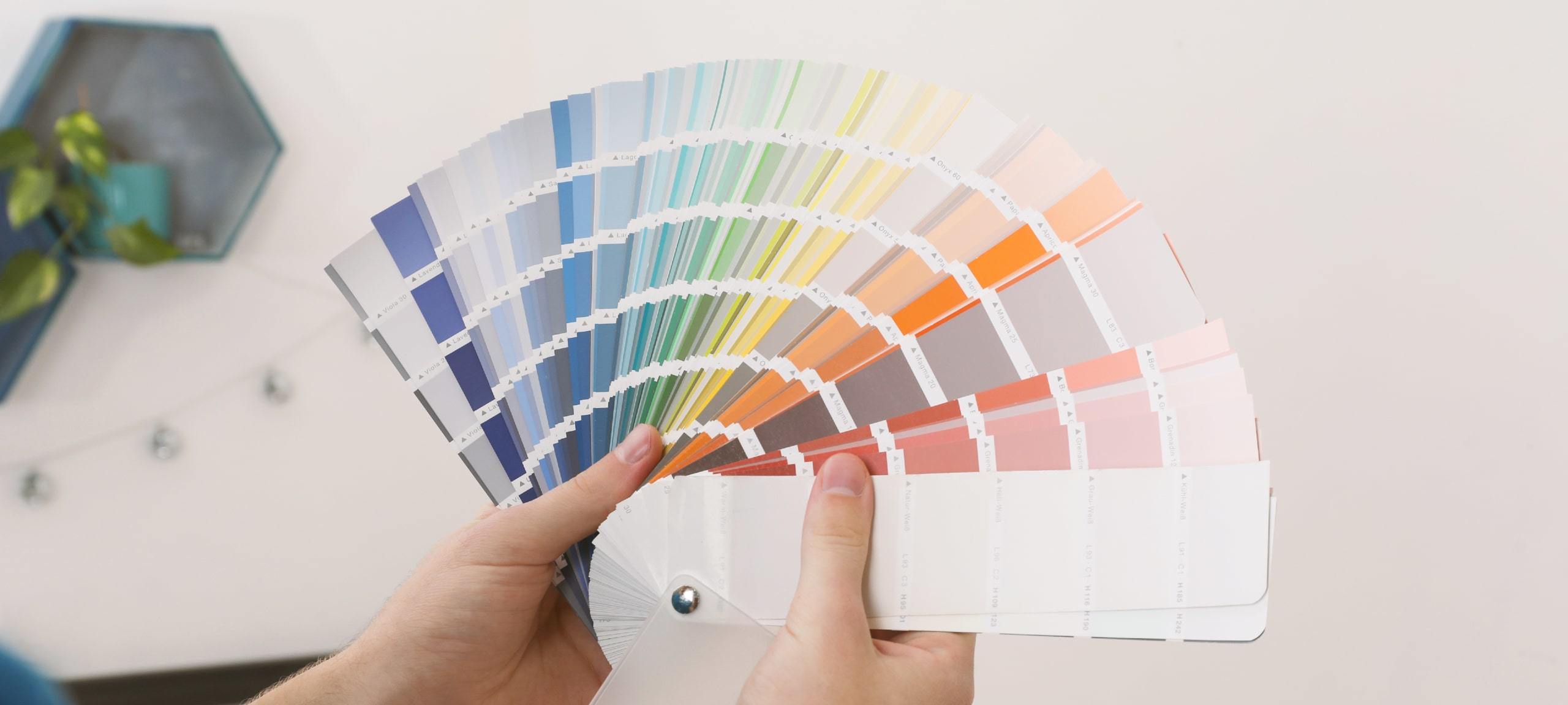 Person holding up paint color palette to bare wall