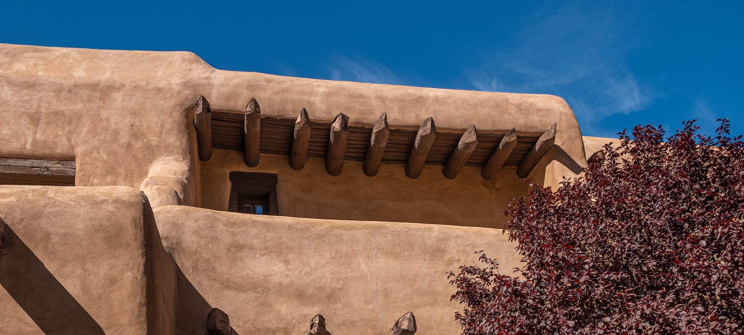 Adobe home and blue sky in Santa Fe, New Mexico